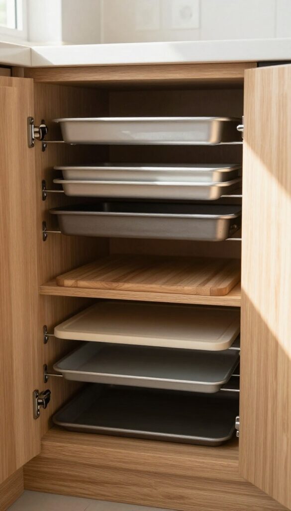 A neatly organized kitchen cabinet with vertical dividers holding baking sheets and cutting boards upright.