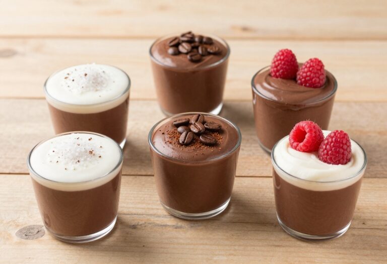 Five gluten free chocolate mousse desserts in glass bowls with various toppings on a wooden table.