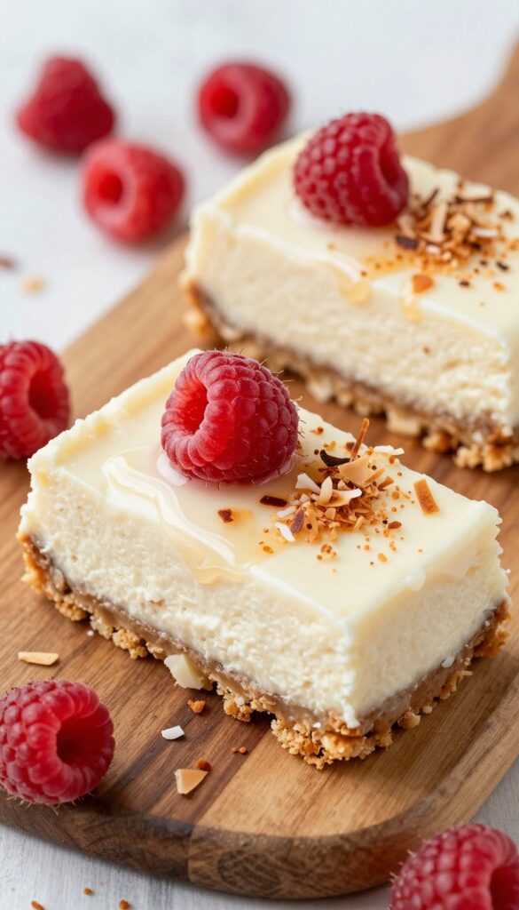 Coconut raspberry cheesecake bars with toasted coconut flakes and raspberries on a wooden board