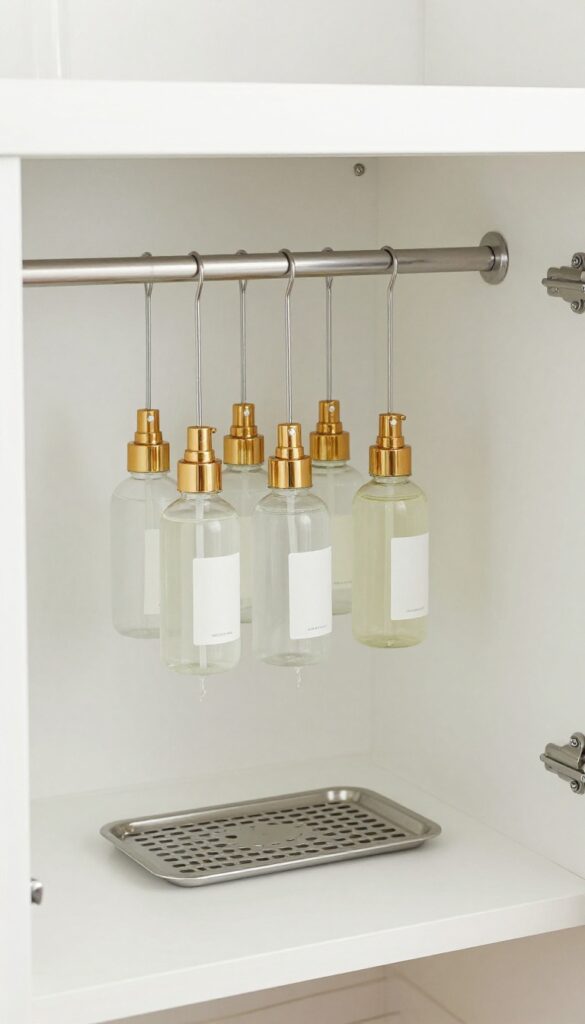Under-sink cabinet with tension rod holding hanging spray bottles