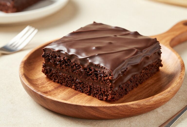 A slice of gluten free chocolate cake on a wooden plate with a fork, warm lighting, and a cozy background.