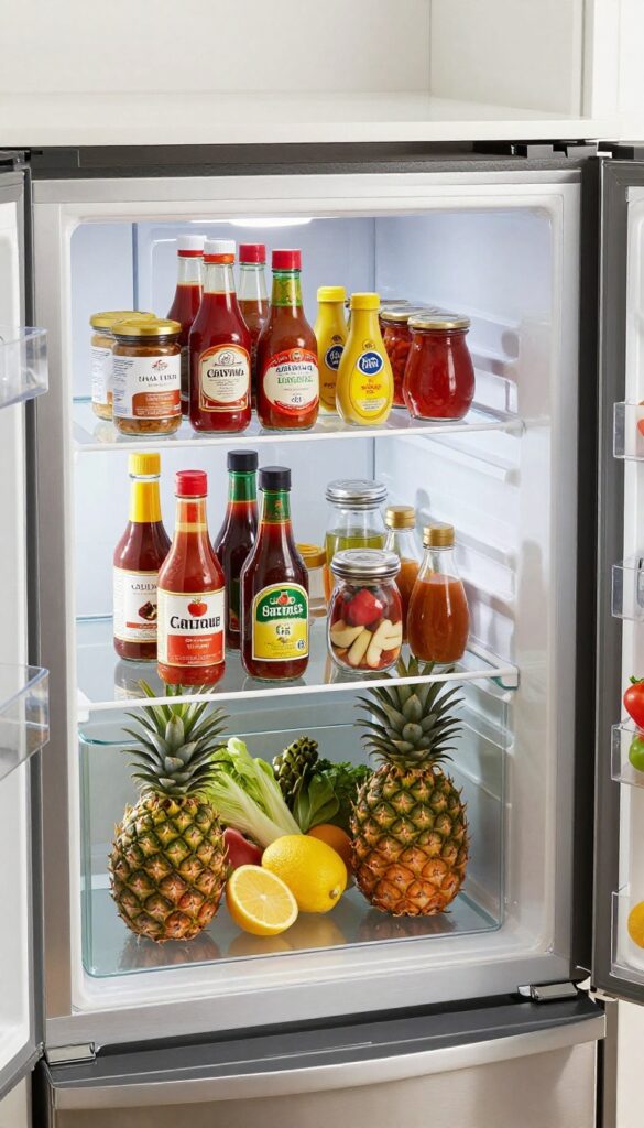 Clear acrylic lazy Susan in a refrigerator holding condiments and jars neatly arranged.