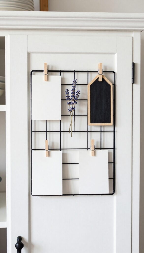 Inside a pantry cabinet door with a small wire grid holding notes and dried lavender
