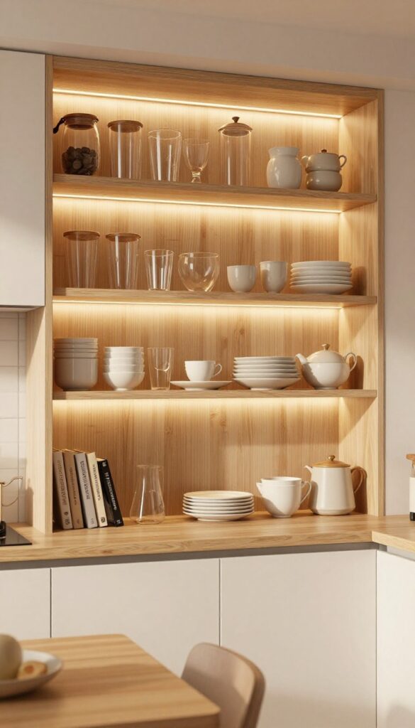 Kitchen shelves with warm LED lighting highlighting glassware and ceramics.