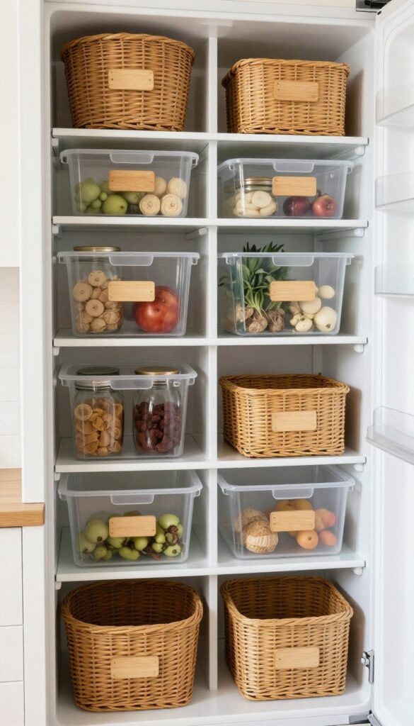 Labeled bins in fridge and pantry for organization