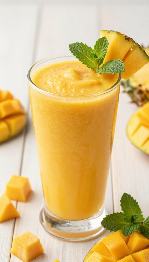 Tropical mango Greek yogurt smoothie in a glass with mango and mint garnish