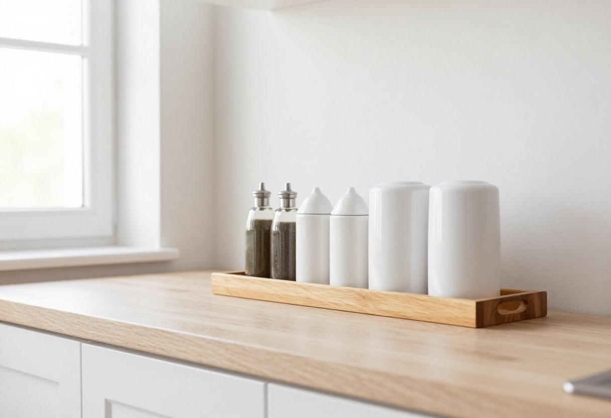Organized condiment bottles on a wooden tray in a bright kitchen