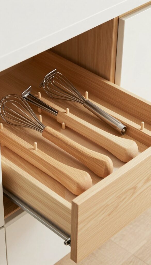 Open kitchen drawer with wooden peg system organizing utensils like whisk, tongs, spatula, and peeler in neat rows.