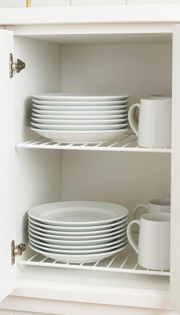 Kitchen cabinet with stackable shelf risers organizing plates and mugs