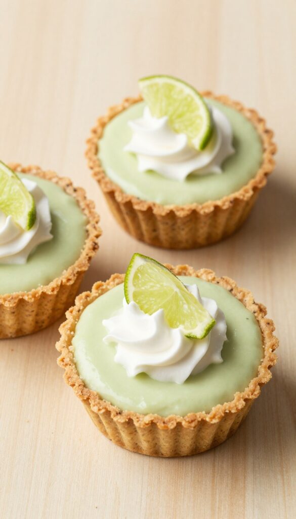 Mini key lime pie cups with chia seed crust, topped with whipped cream and lime slice.