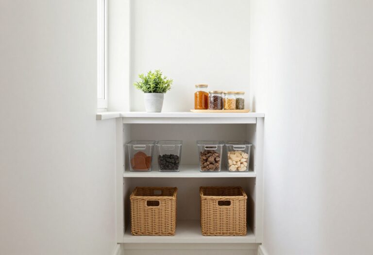 Organized corner pantry with lazy Susan, clear bins, and baskets on open shelves
