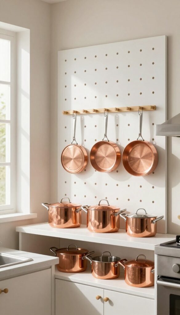 Pegboard wall holding pots and pans in a bright, airy kitchen