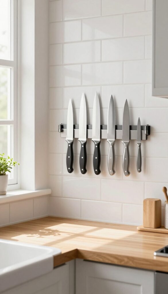 Magnetic knife strip mounted on backsplash holding knives neatly arranged by size in a bright, modern kitchen