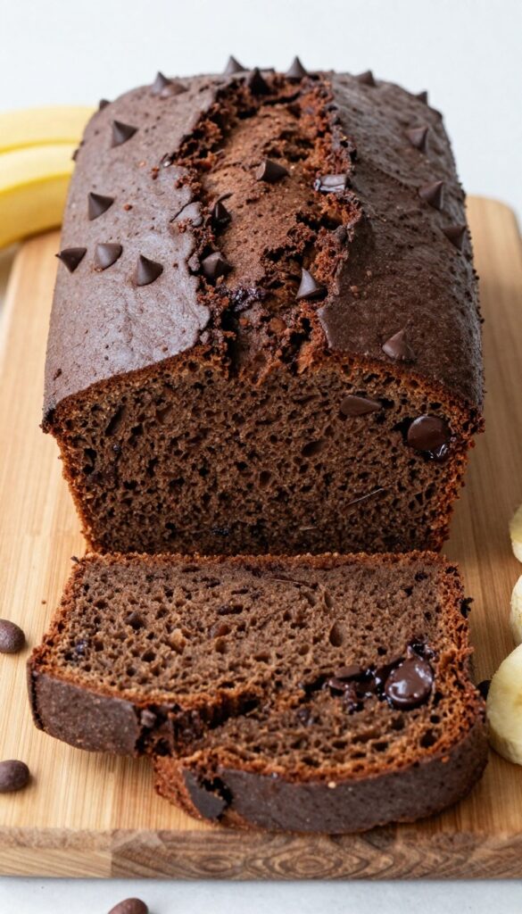 Double chocolate chip gluten free banana bread loaf with a slice cut, showing moist dark crumb and melted chocolate chips, on a wooden board with bananas and cocoa beans.