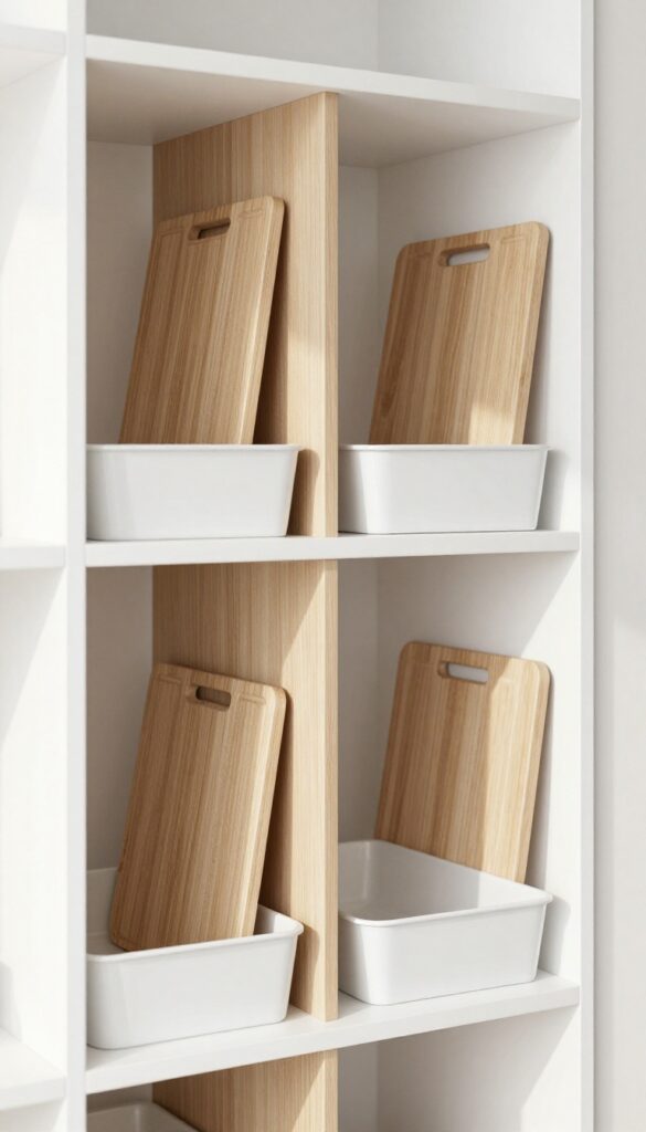Vertical dividers on a pantry shelf neatly holding baking sheets and cutting boards upright