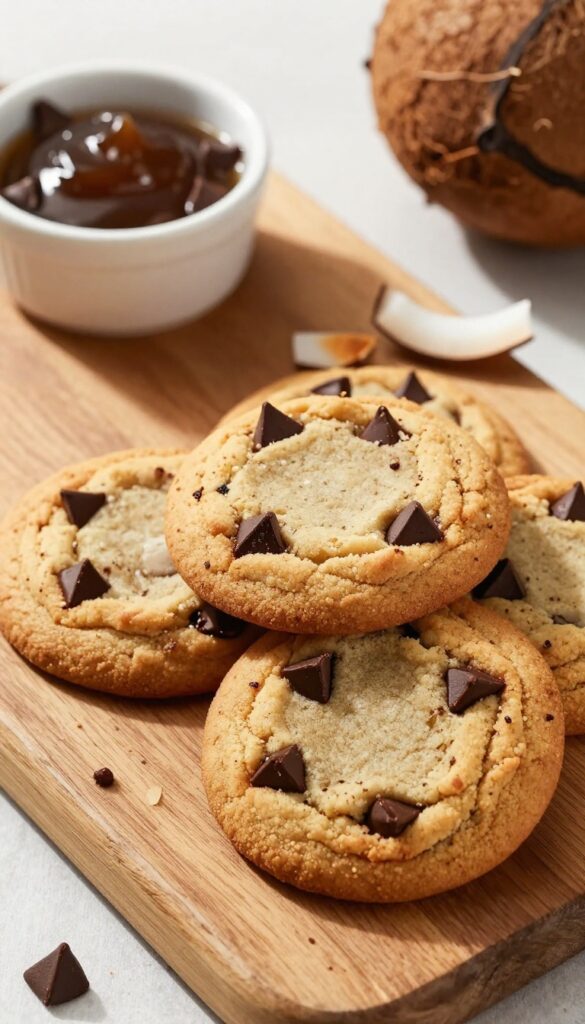 Keto coconut oil chocolate chip cookies on a wooden board with coconut oil and toasted coconut flakes.