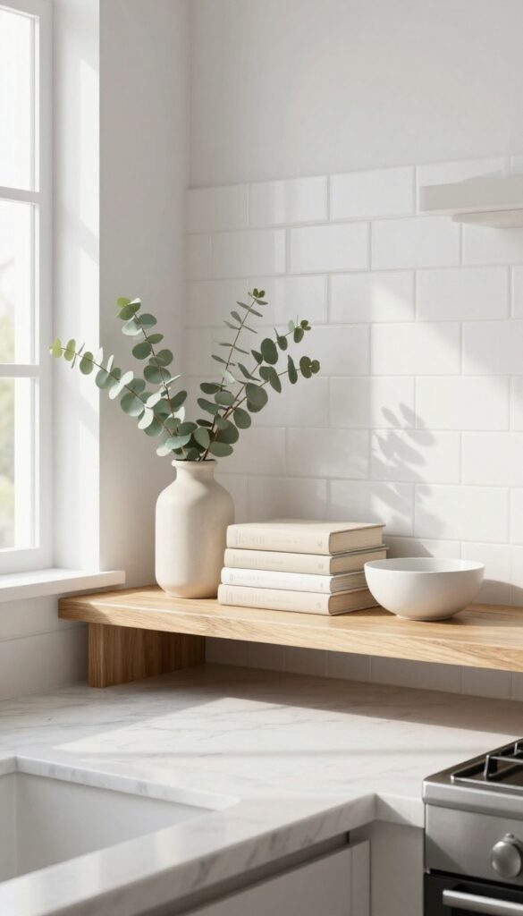 A group of three items on a kitchen shelf: a tall vase, stacked cookbooks, and a small bowl, arranged in an odd-numbered grouping for visual rhythm.
