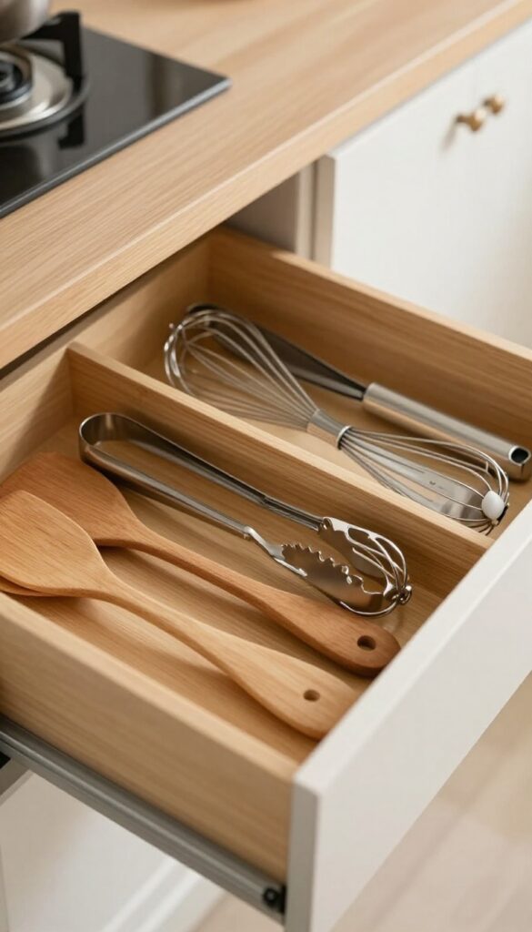Kitchen drawer with bamboo dividers organizing utensils and gadgets