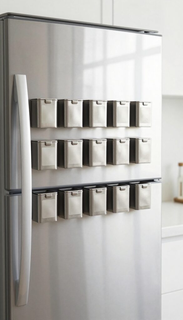Magnetic spice tins attached to the side of a refrigerator, neatly organized in rows, with natural light illuminating the kitchen.