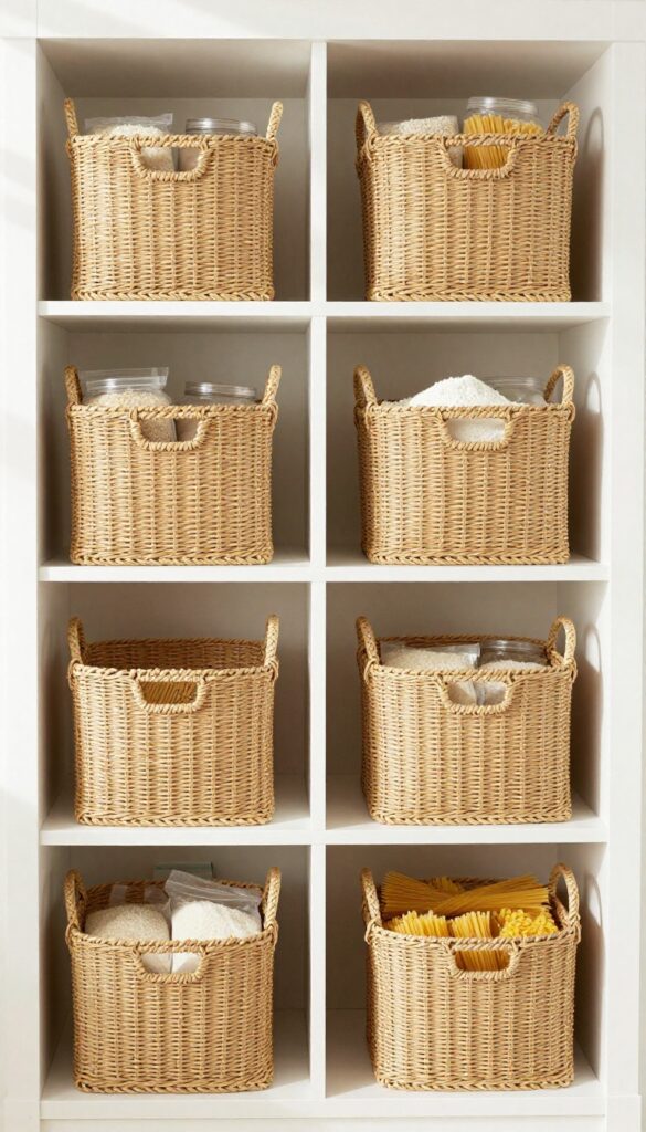 Woven baskets neatly stacked on pantry shelves, containing bulk bags of rice, flour, and pasta.