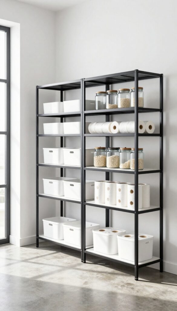 Wall-mounted wire shelving in a garage pantry with organized bins and jars