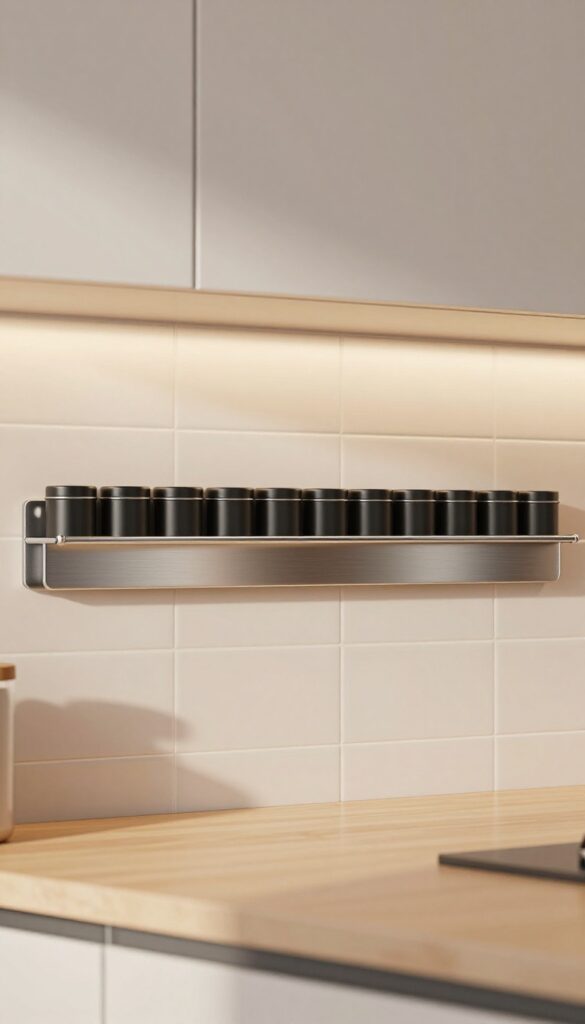 Wall-mounted magnetic rack holding metal tins on a kitchen backsplash