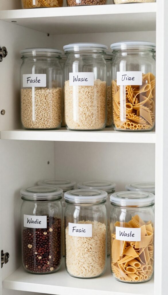 A shelf in a walk-in pantry with clear glass jars and plastic containers filled with dry goods, labeled with white washi tape, arranged neatly in natural light.