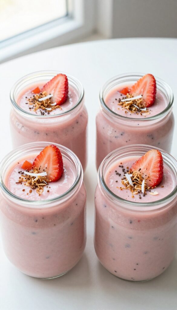 Four glass jars of coconut strawberry mousse topped with toasted coconut and fresh strawberries on a white surface.