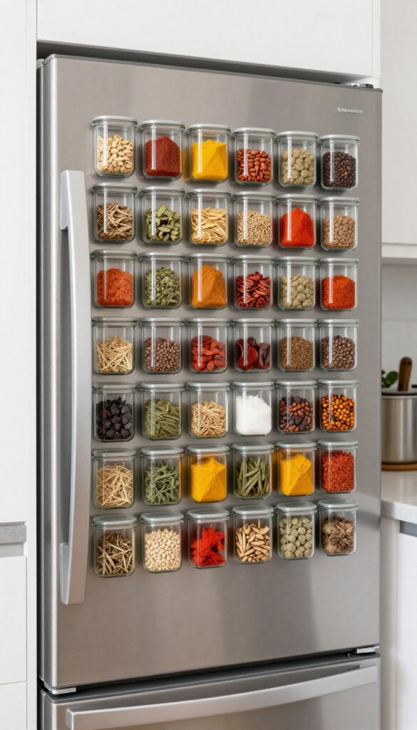 Magnetic spice jars on the side of a refrigerator in a bright kitchen