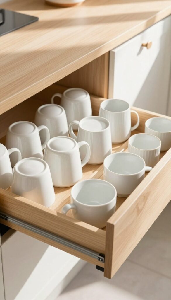 Pull-out drawer inside a kitchen cabinet with organized cups and mugs in natural light