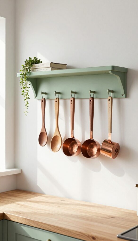 A sage green pegboard on a kitchen wall holding wooden spoons, copper cups, a plant, and a cookbook above a butcher-block counter.