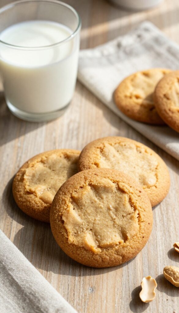 Vegan peanut butter cookies on a wooden table with a glass of milk, crisscross pattern, golden brown, soft texture, natural sunlight.