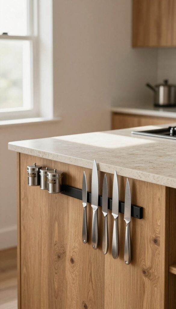 Cozy kitchen island with magnetic strip holding knives and spice tins, bright natural light, warm wood and stone countertop