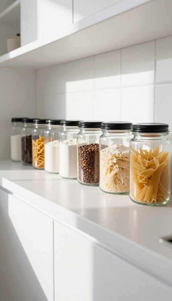 Matching glass canisters with black lids on a white open kitchen shelf, filled with flour, sugar, coffee, and pasta, in bright natural light.