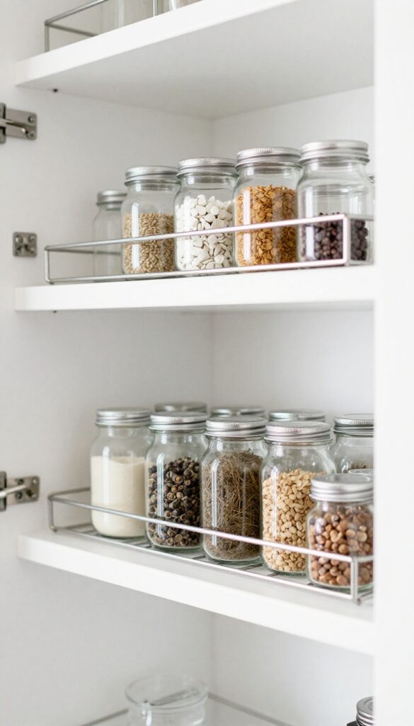 KUNGSFORS shelf clipped onto wire shelving in a pantry, holding small jars and spices