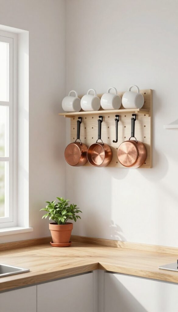 A pegboard on a kitchen wall holding mugs and small pots, keeping the counter clear.