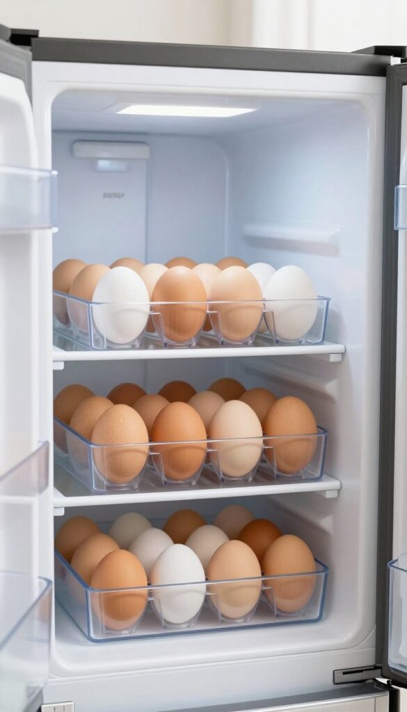 Stackable egg holder in a dorm fridge with eggs neatly organized in clear plastic tiers.