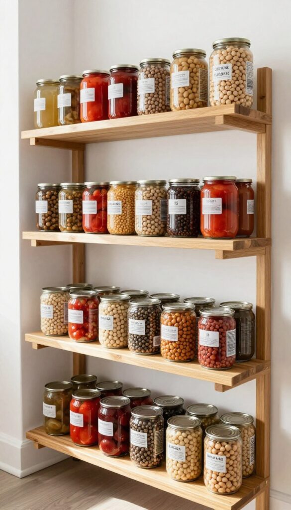 Tiered bamboo shelf risers organizing cans and jars in a bright pantry