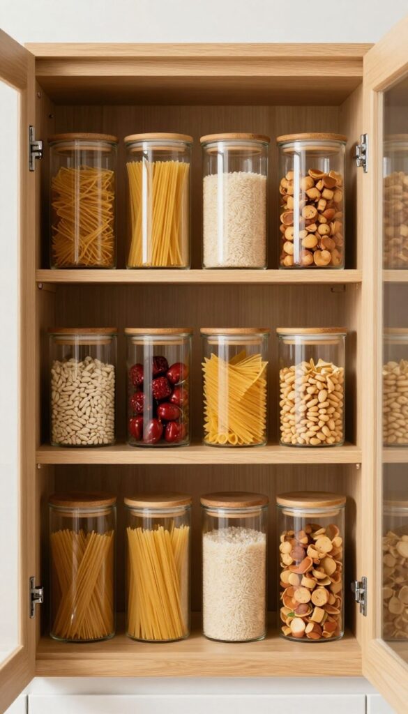 Clear glass canisters with bamboo lids organized in a kitchen cabinet, filled with pasta, rice, and snacks.