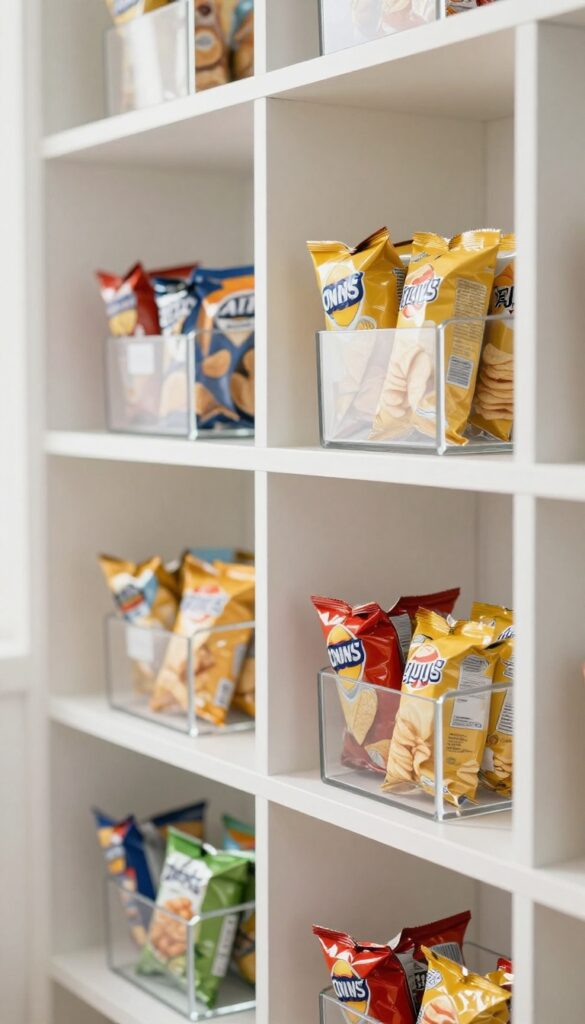Clear acrylic magazine holders used as vertical chip bag organizers on a pantry shelf, with labels and natural lighting.
