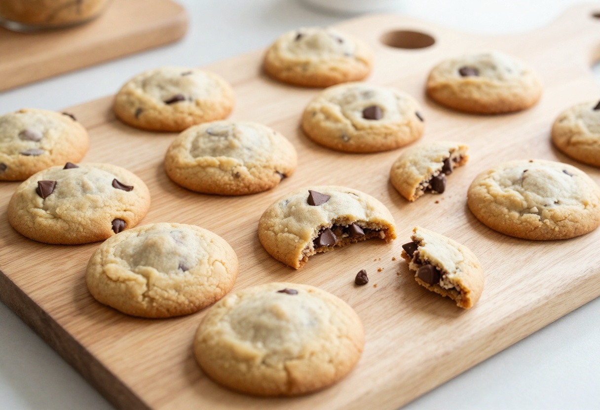 Freshly baked gluten free chocolate chip cookies on a wooden board with gooey chocolate chips visible.