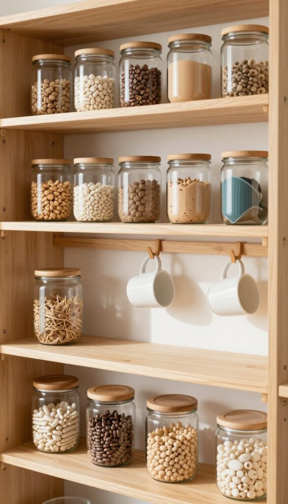 Adhesive hooks under a pantry shelf holding a mug and measuring cups, freeing up shelf space.
