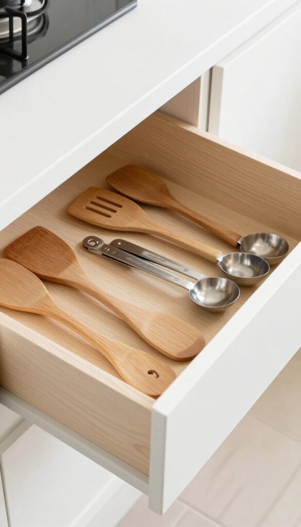 White kitchen drawer with custom wooden dividers holding neatly organized utensils.