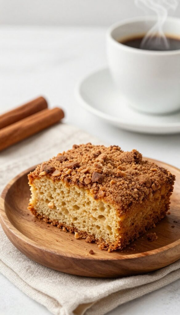 A slice of keto cinnamon crunch pound cake on a wooden plate with coffee and cinnamon sticks.