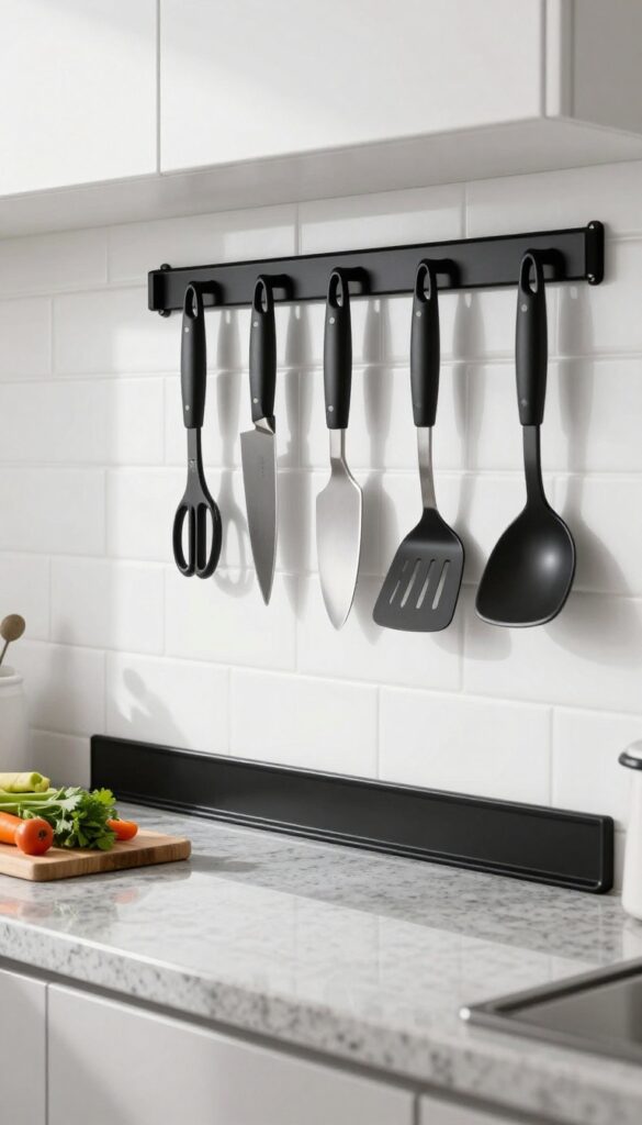 Wall-mounted magnetic strip with knives and metal tools on a white subway tile backsplash in a bright Indian kitchen