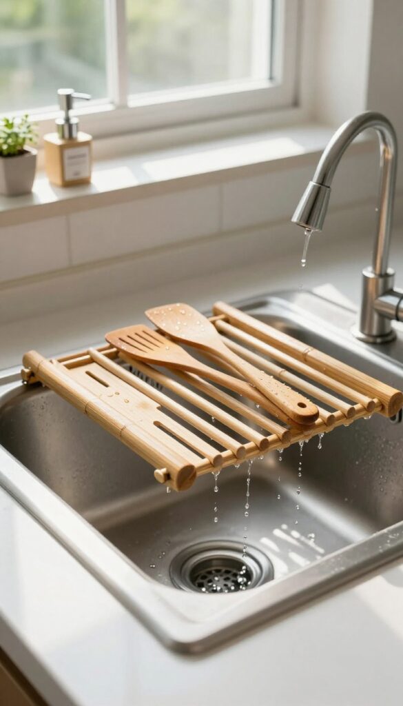 Over-the-sink bamboo drying rack in a bright kitchen with dishes, sunlight, and a clean, organized sink area.