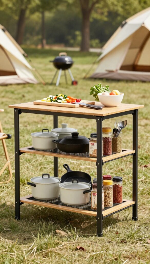 A folding camp table with built-in storage shelves at a campsite, with cooking supplies organized on the shelves and a cutting board on top.