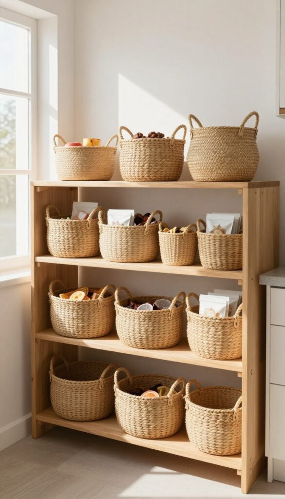 Open kitchen shelves with coordinated woven baskets for organized storage.