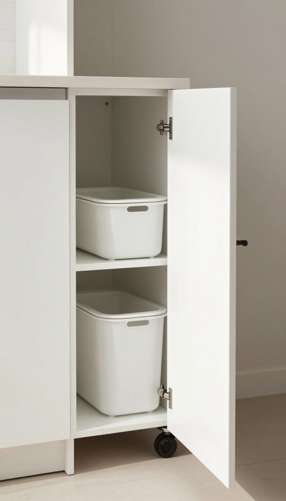 Pull-out trash bin tucked under a lower shelf in a bright, narrow pantry