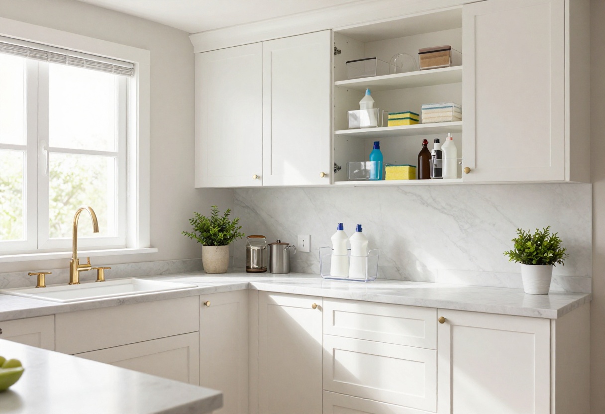 Open under-sink cabinet with clear organizers and cleaning supplies neatly arranged in a bright kitchen.